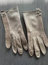 VTG Miss Aris Women's Genuine 8  Leather Gloves Size 6 1/2 Taupe Crochet Button