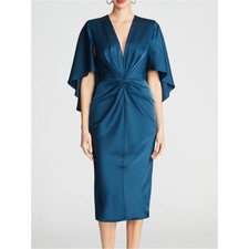 Halston Tomi Satin Cape Sleeve Midi Dress Jasper Blue Size 4 NWT