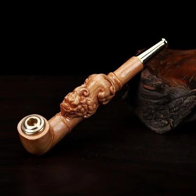 15cm Golden Thread Nanmu Wood Pixiu Tobacco Pipe Washable Filter Dual Use