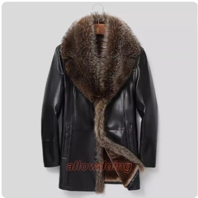 Men's Genuine Leather Jacket Leather Genuine Raccoon Fur Collar Business Jacket