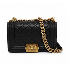 STEAL-AUTH CHANEL Small Boy Bag Black Lambskin Quilted Gold Shoulder Bag *READ*