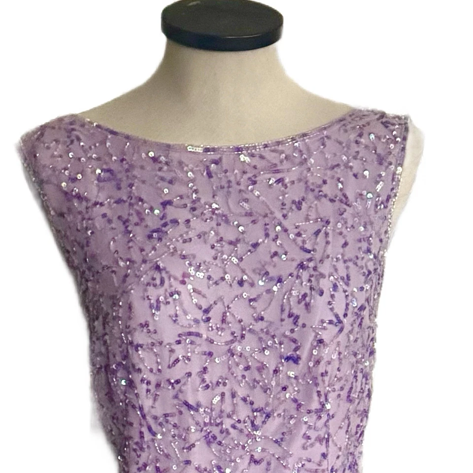 Wow Vintage Black Tie Evening Gown Size 18 Lilac Silk Sequin & Beaded Formal - Image 2 of 4