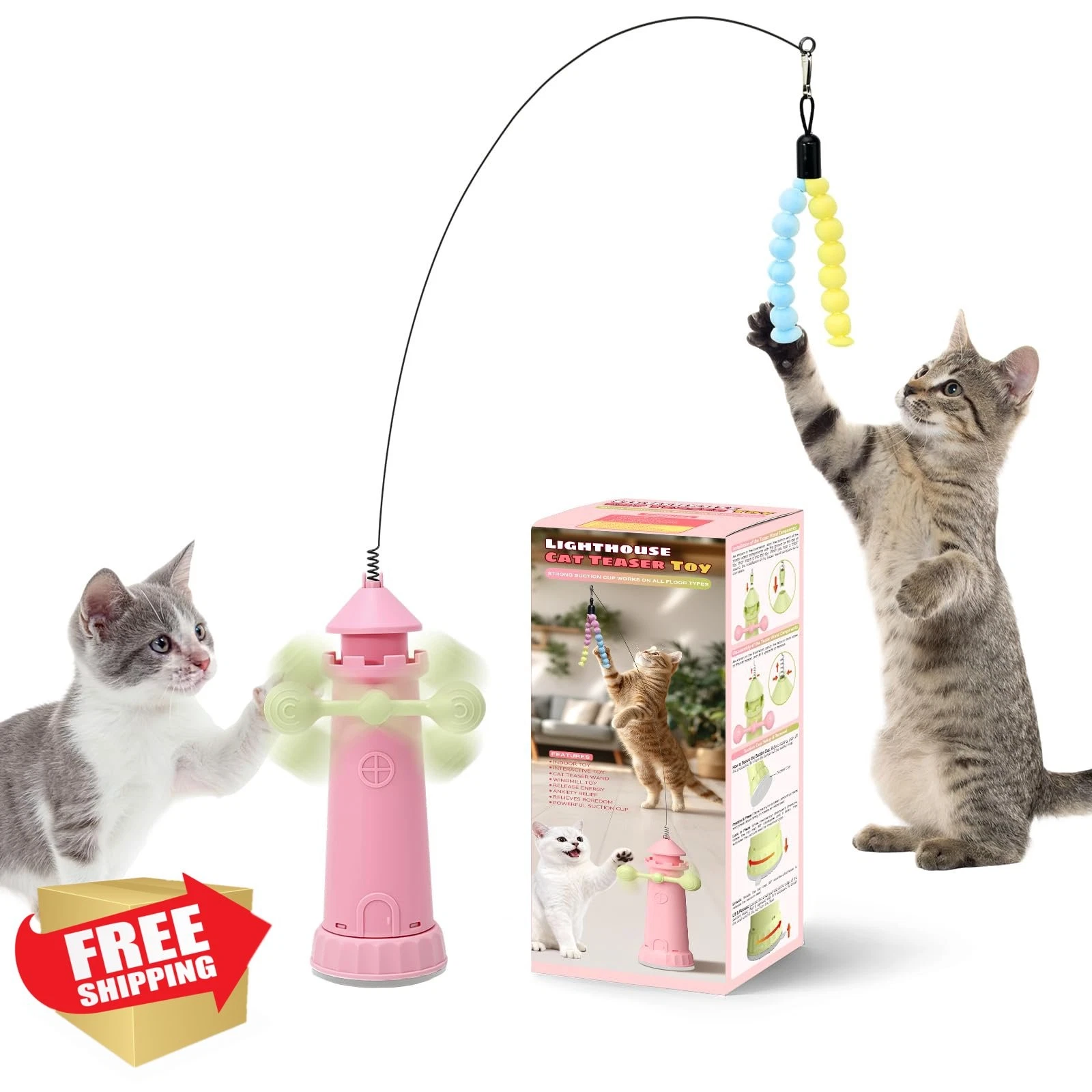 Xinabrius Windmill Cat Toy, Feather Teaser Wand, Suction Cup Base Pink