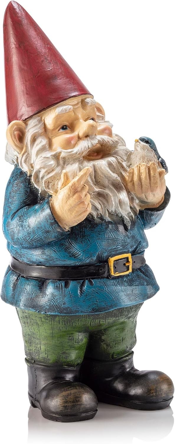 12-Inch Outdoor Garden Gnome with Bird Statue for Yard Decoration by Alpine Corporation
