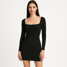 Free People FP Beach Black Square Neck Long Sleeve Mini Bodycon Dress Size XS