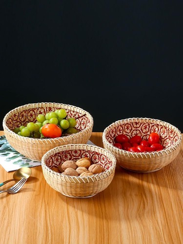Set Of 3 Wicker Woven Storage Basket Bamboo Bread Basket Round Rattan Serving Ba - Picture 7 of 9