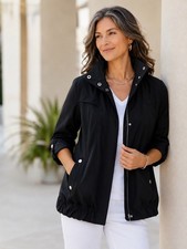 Chico's Zenergy Black Utility Jacket Size 1 Zip Front Roll Tab Lightweight