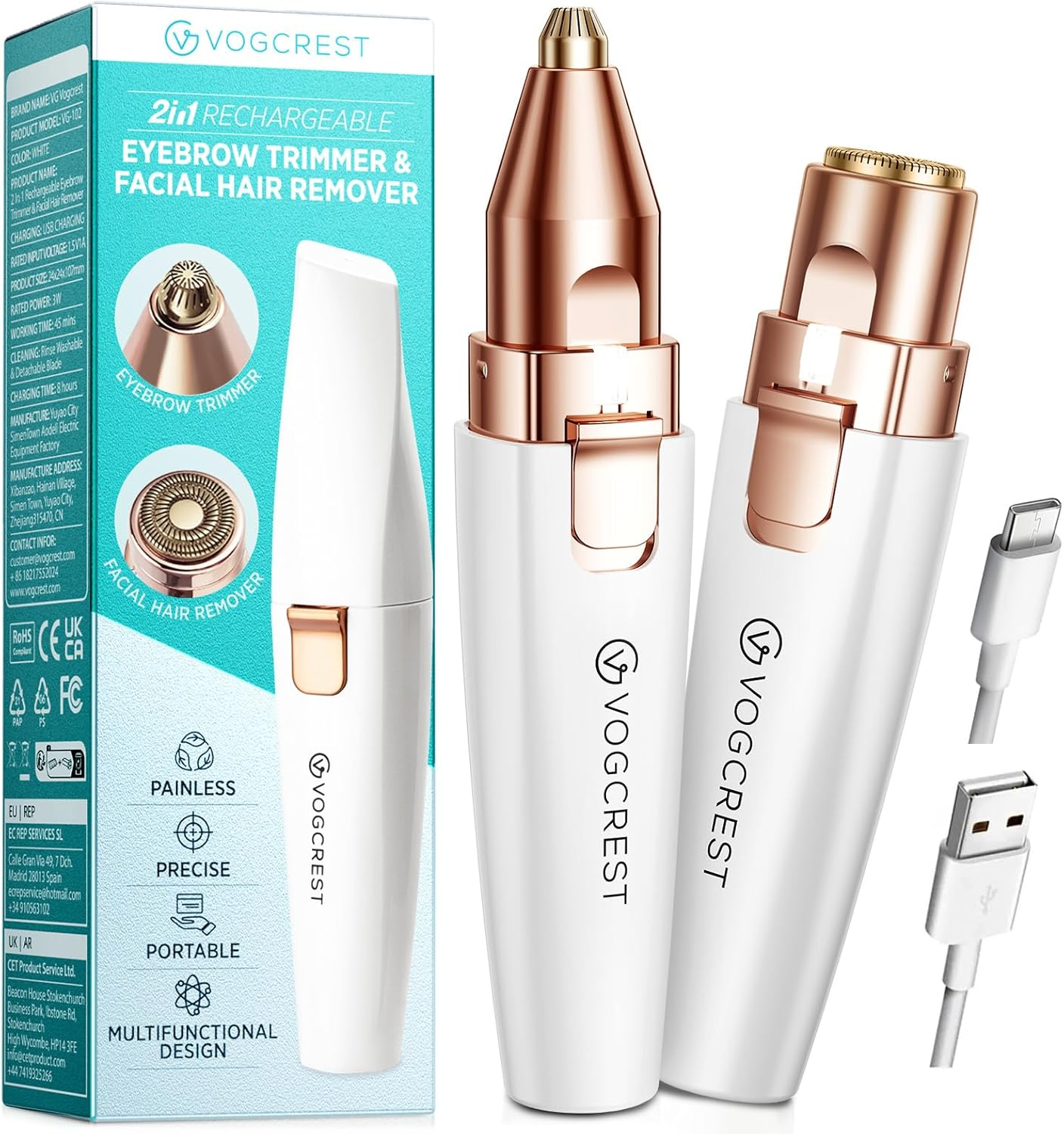 VG VOGCREST Eyebrow Facial Trimmer: 2 In1 Rechargeable Facial Hair Removal and E