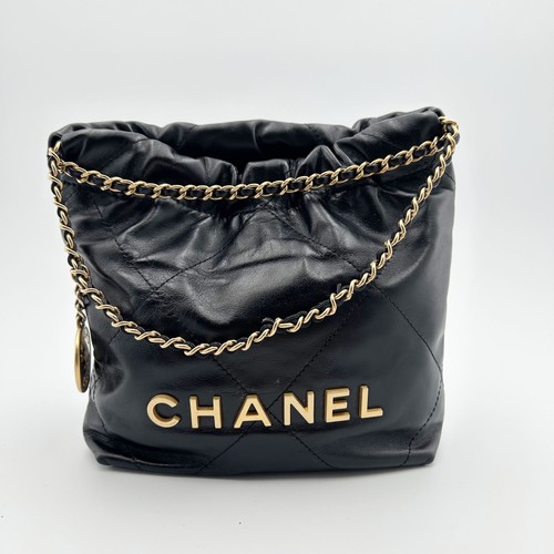 CHANEL 22 Mini Black Shiny Calfskin Drawstring Chain Shoulder Bag AS3980 Gold HW