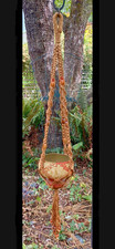 Ancien pot céramique cintre plante macramé spirale tressée perles années 70 orange