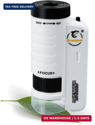 Grampus 60x-200x LED Pocket Microscope Portable Handheld STEM Toy for Kids Adult
