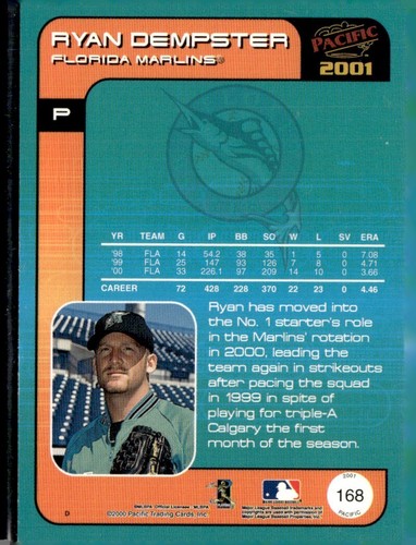 2001 Pacific Hobby Limited Parallel Blank Serial Number #168 Ryan Dempster 1/1 - Bild 2 von 2