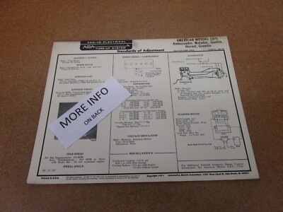 1971 AMC American Motors V6 engine 258 232 AEA tune up chart spec sheet ORIGINAL