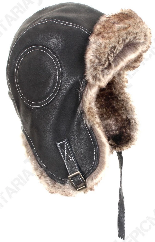 Noir Aviateur Cuir Ushanka - Hiver Russe Chapeau Ski Fourrure Pilote Militaire - Photo 3/4