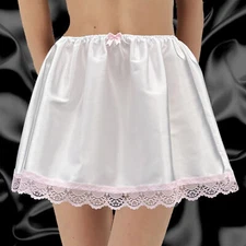 Sissy White Silky Soft Satin Mini Slip Frilly Hem Lace Petticoat Dolly Skirt