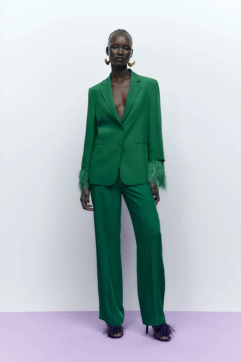 ZARA GREEN TROUSERS Suit Pants Francoise High Waist Straight Fit L