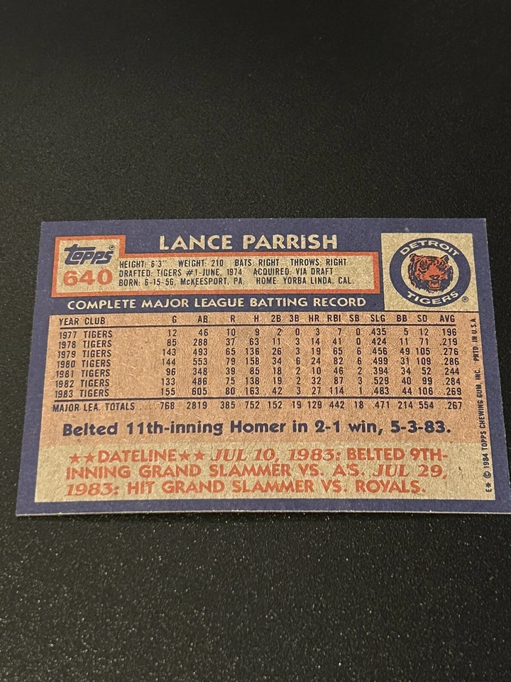 1984 Topps Lance Parrish ERROR PRINT BLEED CARD #640 - Image 2 of 2