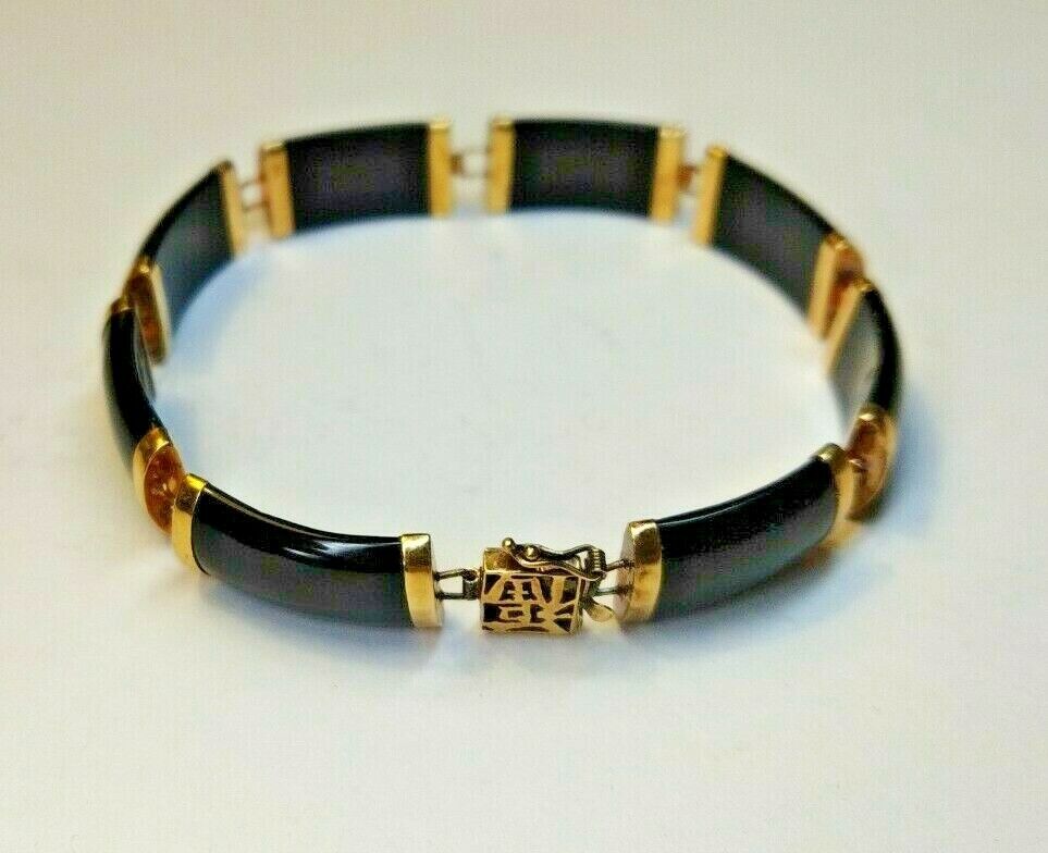 14K Gold Black Onyx Bracelet with Chinese Luck Characters as 14K Gold Black Onyx Bracelet with Chinese Luck Characters as