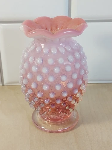 Vintage ~ Fenton ~ Cranberry & White Hobnail/Ruffle Edge Bud Vase ~ 4"