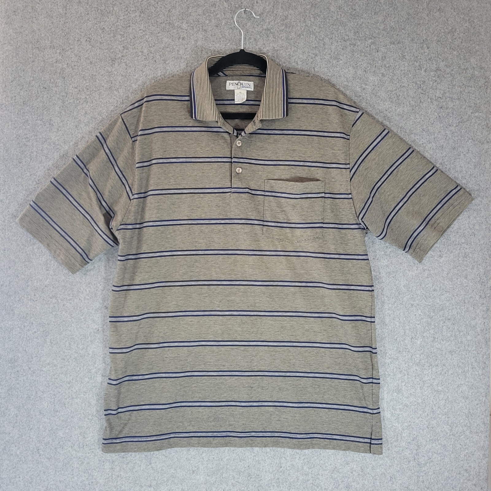VTG PENGUIN SPORT Polo Men Large Striped  Navy Y2K Baggy Golf Thin Faded