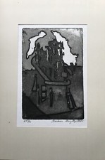 Benny Aage Möller *1918 Acquatinta Incisione Nuvole Case Tetti Vista Della Città