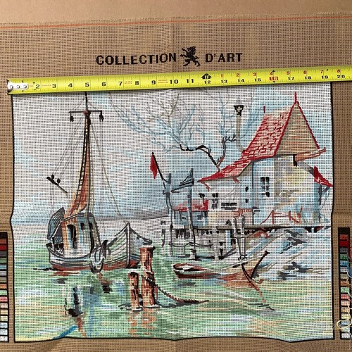 Vintage Needlepoint Canvas Fishing Boat Collection d'Art Started 15.5x19.5 - Picture 5 of 9