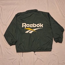 VTG Reebok Nylon Spellout Fleece Lined Green Jacket Zip Hood Mens XL Made In USA