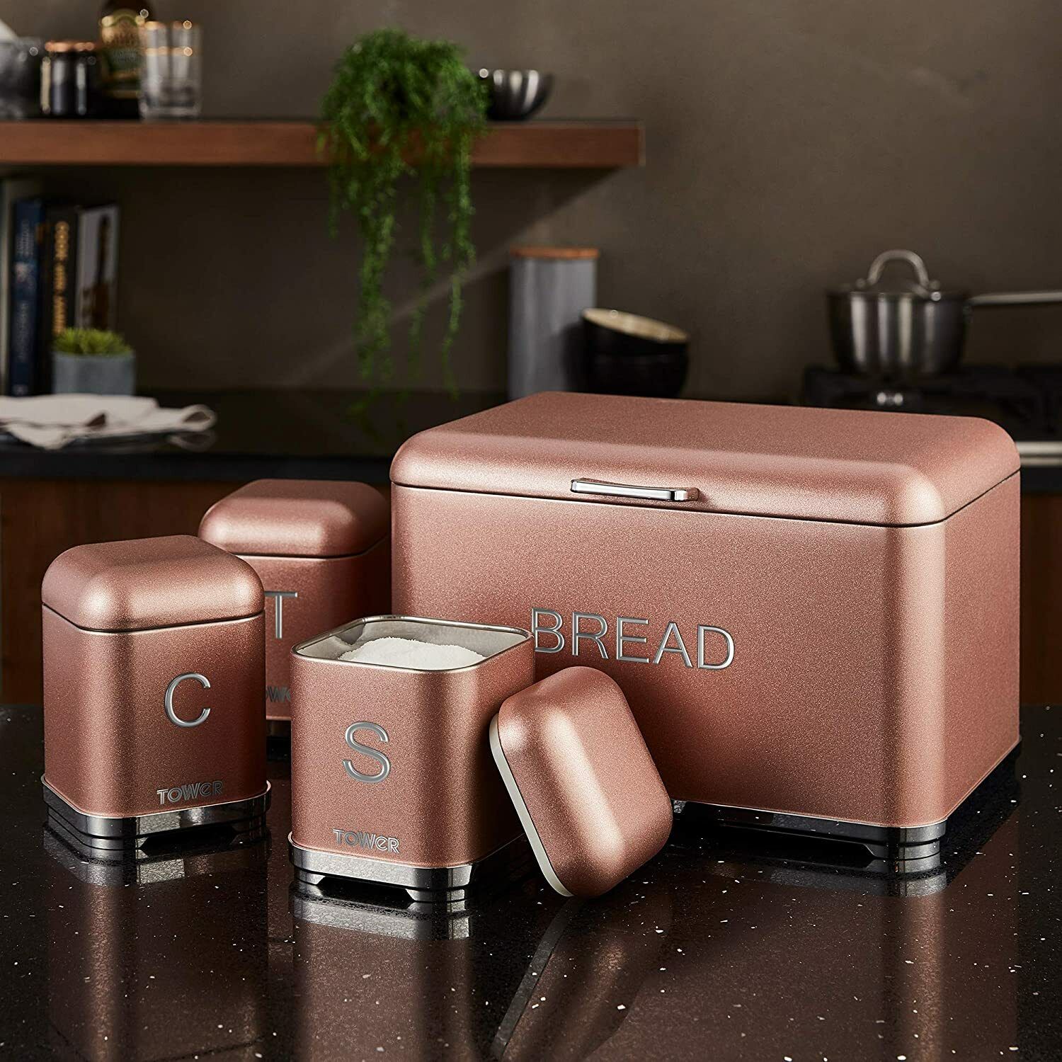 Shimmering Pink Alloy Steel Tea Coffee Sugar Bread Bin Set