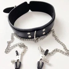 Slave Faux Leather Choker Collar with Breast Clamp Clip Chain Couples SM Bondage