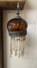 Art Deco Beaded Boudoir Glass Dome Lamp Shade w/ Decorative Metal
