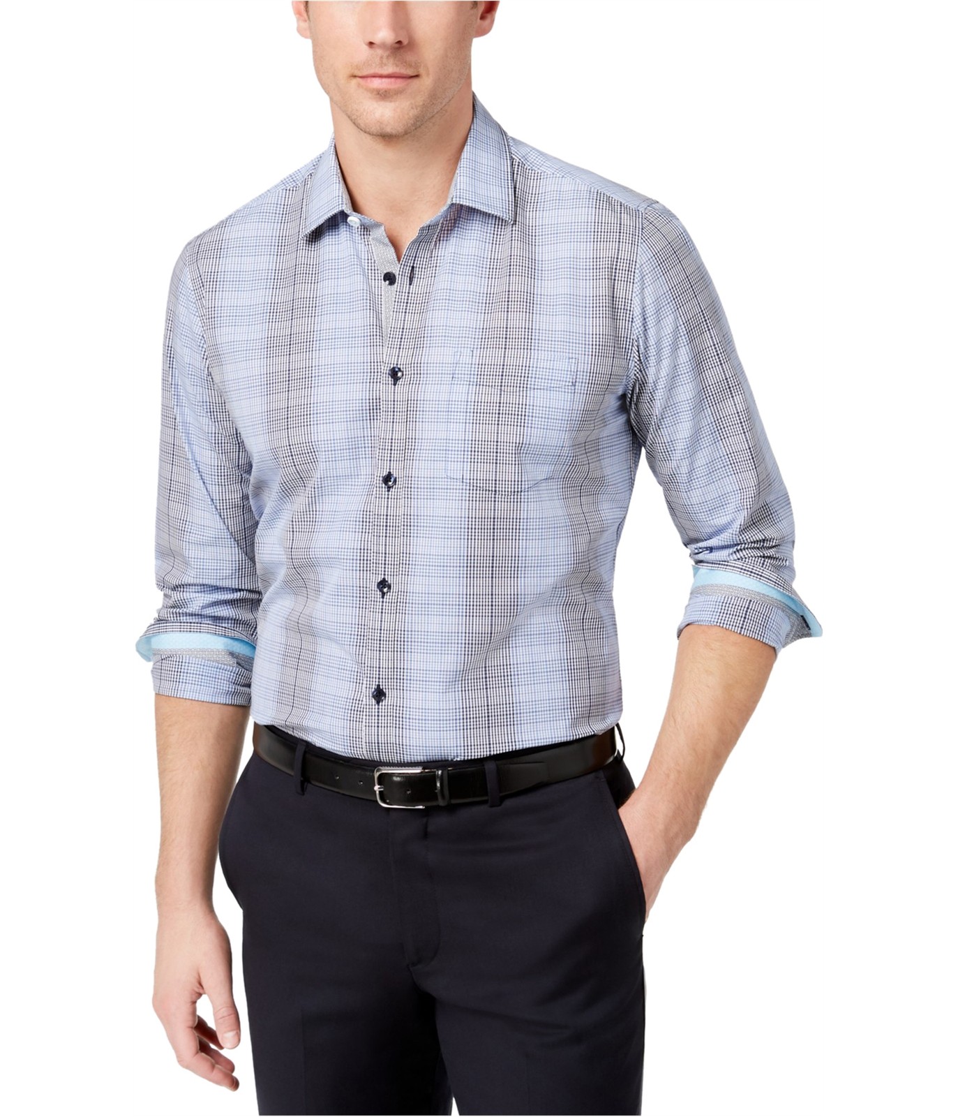 Ryan Seacrest Mens Blue Grid Button Up Shirt, Blue, Large