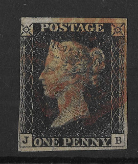 GB 1840 QV Penny Black 1d Black Red Maltese Cross Lettered J B