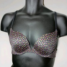PINK Victoria's Secret Push Up Bra Black w Small Flowers Underwire Size 34B