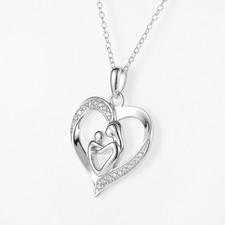 New 925 Sterling Silver Mother and Child Love Heart Pendant Necklace chain 18"