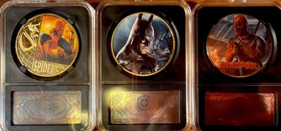 DC/marvel Batman, Spider-Man, Deadpool Challenge Coin Lot W Cases. Superhero