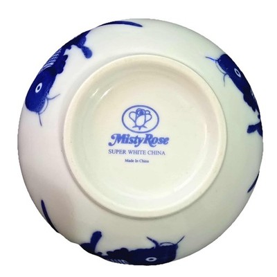 Vintage Chinese Misty Rose White and Cobalt Blue Koi Fish 7'' Ramen Bowl