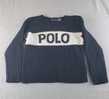 POLO Ralph Lauren Sweater Kids M Black White Cable Knit Wool Cashmere Logo