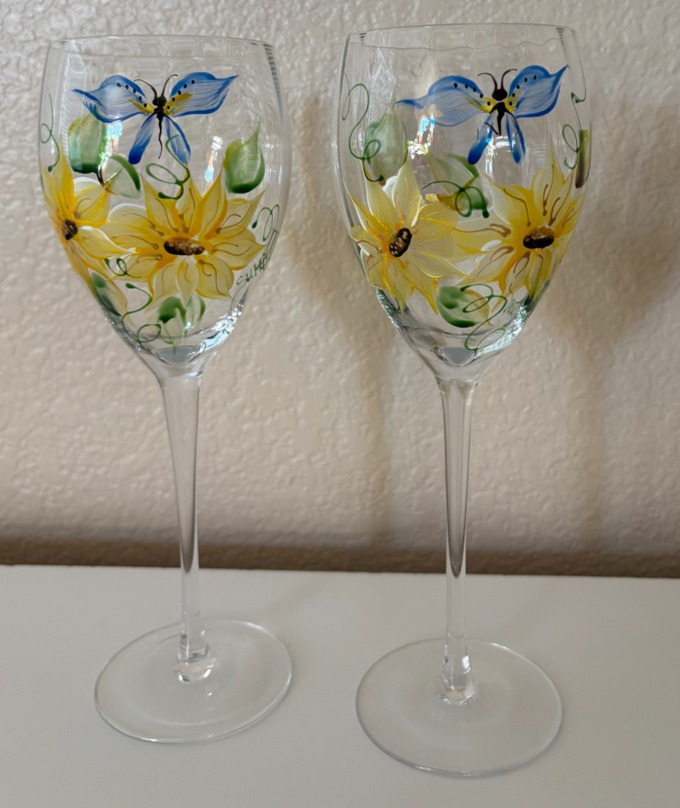 Hand Painted Wine Glasses Set of 2 Floral Butterfly Decorative Glassware
