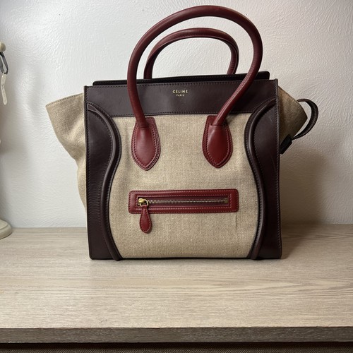 Authentic CELINE Oatmeal Brown burgundy canvas & leather MINI LUGGAGE Tote Bag