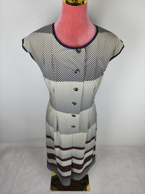 Kleid Vintage Gr. (S/36) beige gestreift lang stretch retro dress Blusenkleid