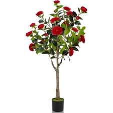 4FT Artificial Camellia Tree Fake Plant w/Red Flowers for Indoor Outdoor Decor