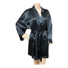 Victoria's Secret Womens Satin Short Belted Robe One Size Black Sexy Romantic