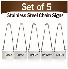 Winco Stainless Steel Beverage Chain Signs Coffee Tea Decaf Set of 5