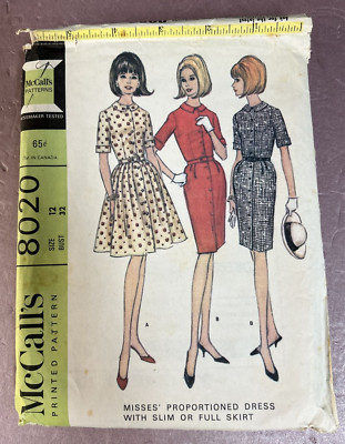Vintage 1965 McCalls Pattern Misses' Dress w/ Slim or Full Skirt