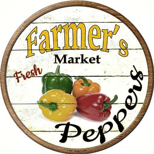 Cartello Rotondo In Metallo Rustico 30x30 Cm Con Scritta 'Farmers Market Peppers' Per Decorazione Casa, Cucina O Orto
