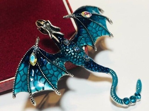 Beautiful Shimmering Blue Crystal & Enamel Dragon Brooch / Necklace Pendant - Picture 3 of 13