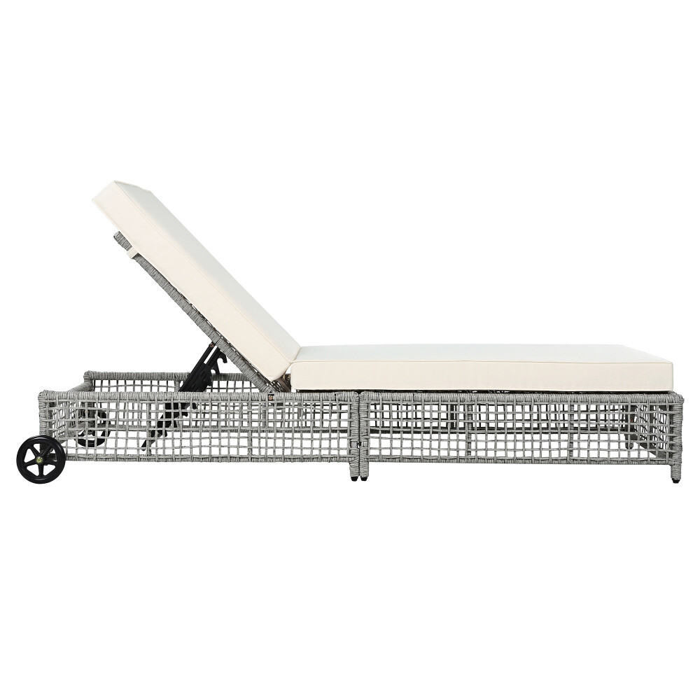 Rattan Outdoor Lounge Chair Set of 2 w 5-Position Backrest & Cushion, Grey+Beige