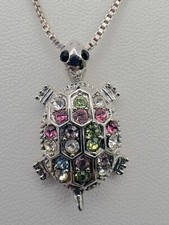 Sea Turtle Pendant Necklace Multi-color Crystals Silver Box Chain 17
