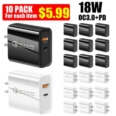 10 Pack PD Type C Dual USB Wall Charger Fast Quick Charge QC 3.0 Power Adapter