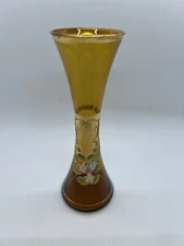 Original Arnart 5th Ave. Hand Blown Art Glass Amber Hand Painted Floral Vase